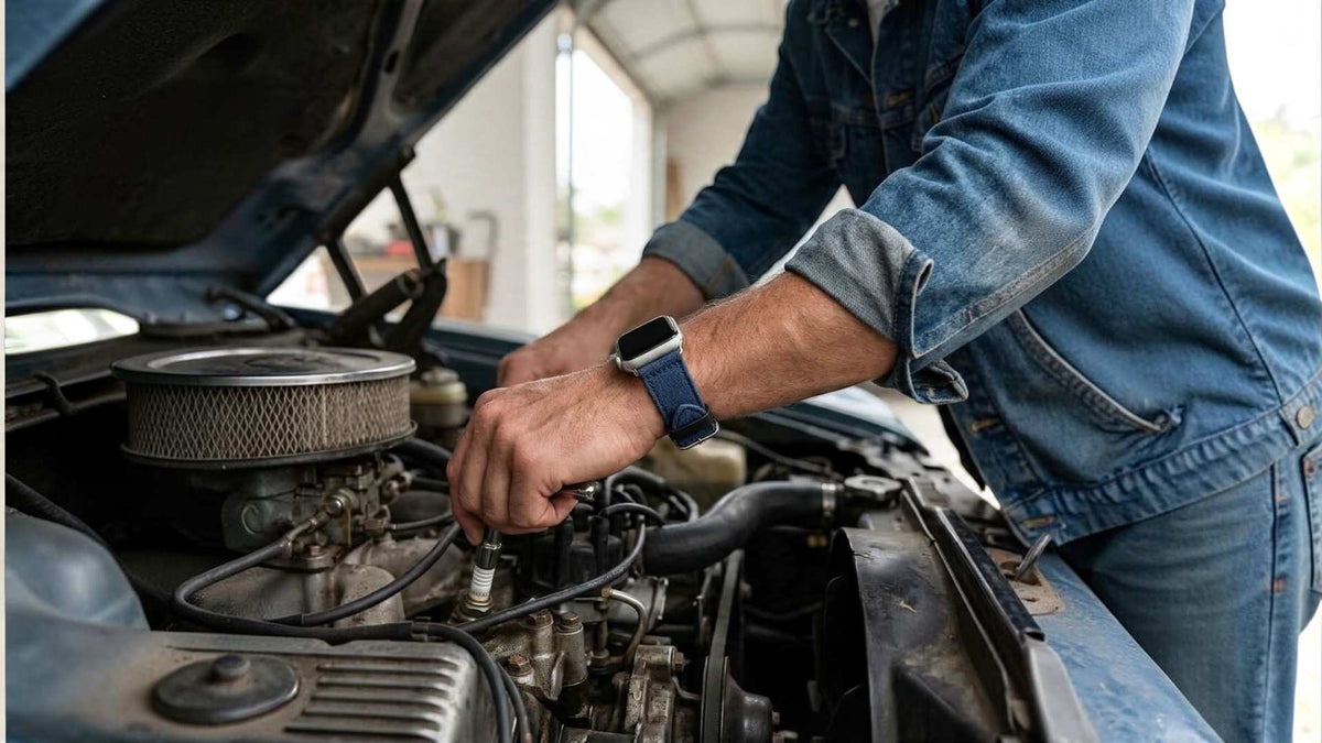 A person in a blue denim work jacket and jeans working under an open car hood, touching the engine components. The person is wearing a dark blue apple watch denim band 