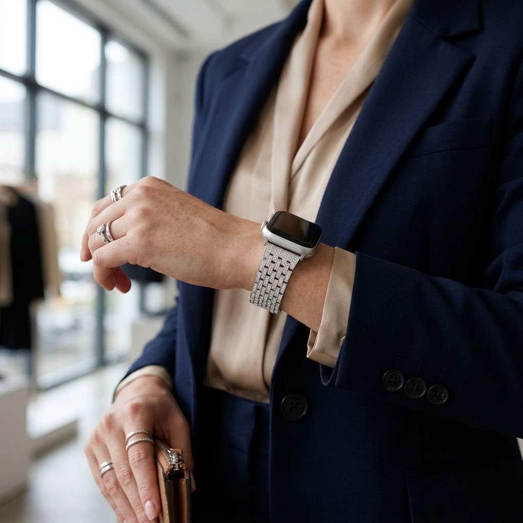 A close-up lifestyle shot of a person wearing a navy blue blazer, beige blouse, and a silver apple watch band.