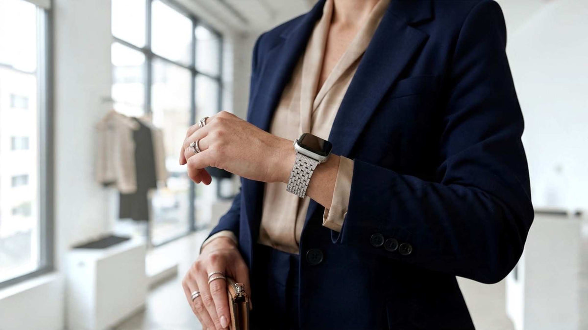 A person in a navy blazer and beige blouse checks their silver sapple watch in a bright, modern office setting wearing crystal rhinestone apple watch band