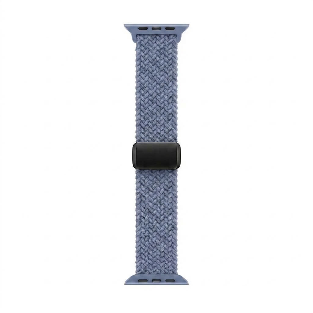 A light blue-gray woven knit apple watch band with a black magnetic clasp, shown vertically on a plain white background.