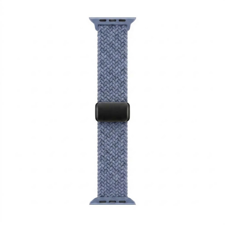 A light blue-gray woven knit apple watch band with a black magnetic clasp, shown vertically on a plain white background.