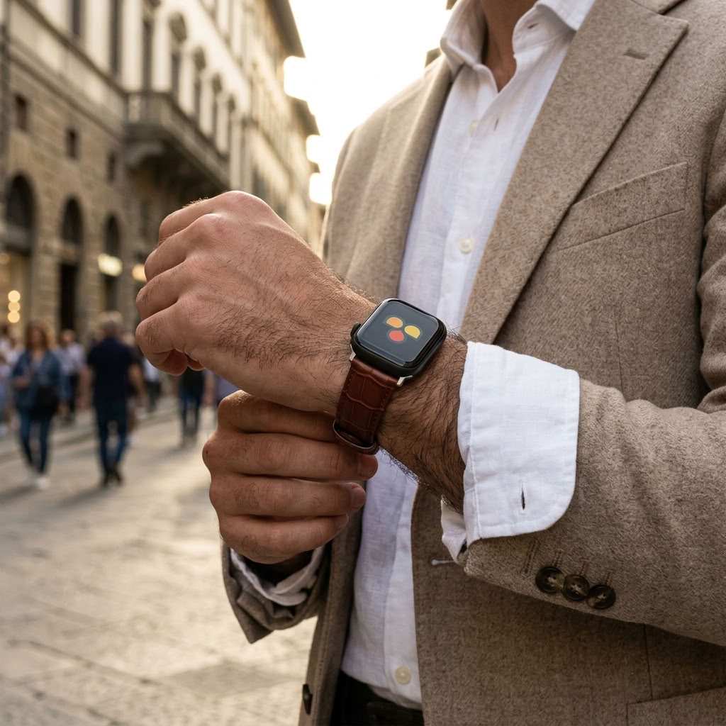 A man in a beige blazer and white dress shirt checks the time on a black apple watch with a brown leather strap in an outdoor city street setting.