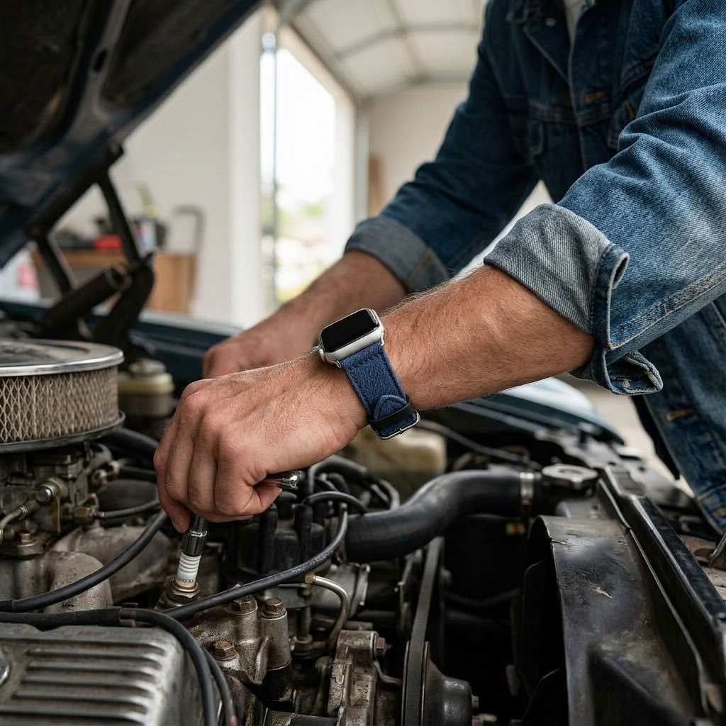 A close-up lifestyle shot of a person working under an open car hood, wearing a blue denim leather apple watch strap on their wrist.