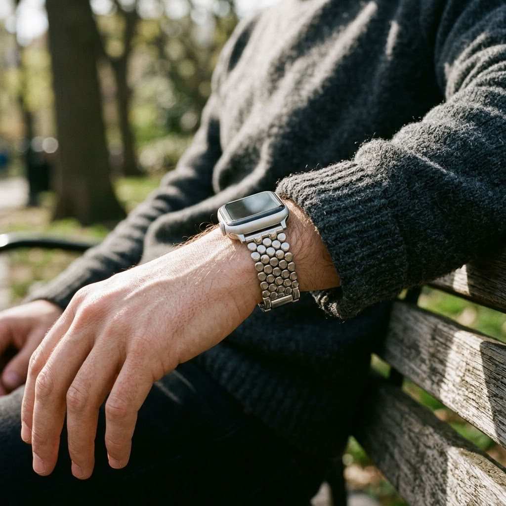man sitting on bench wearing anhem apple watch metal band in silver