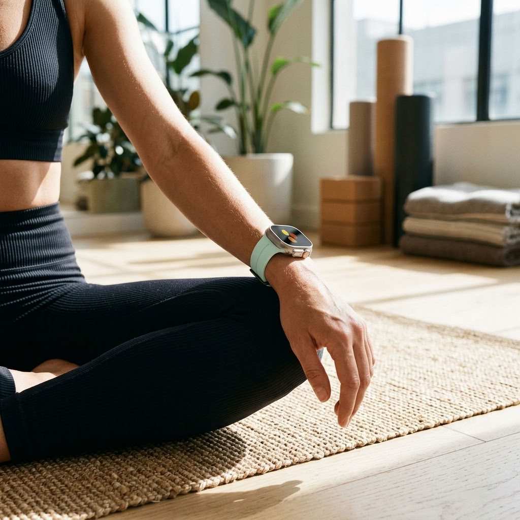 woman wearing mint green anhem silicone apple watch sport band while doing pilates