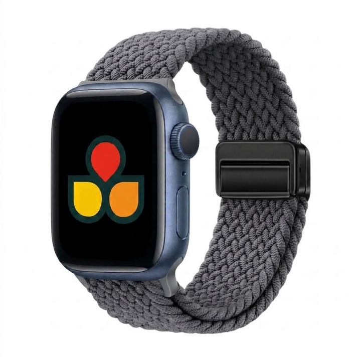 A apple watch with a dark olive textured gray braided fabric strap, shown on a plain white background.