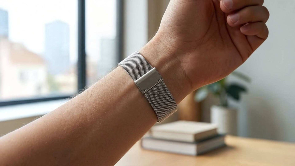 A close-up of a person's wrist wearing a slim silver metal mesh apple watch band, with a softly blurred indoor background featuring a window, books, and a plant.