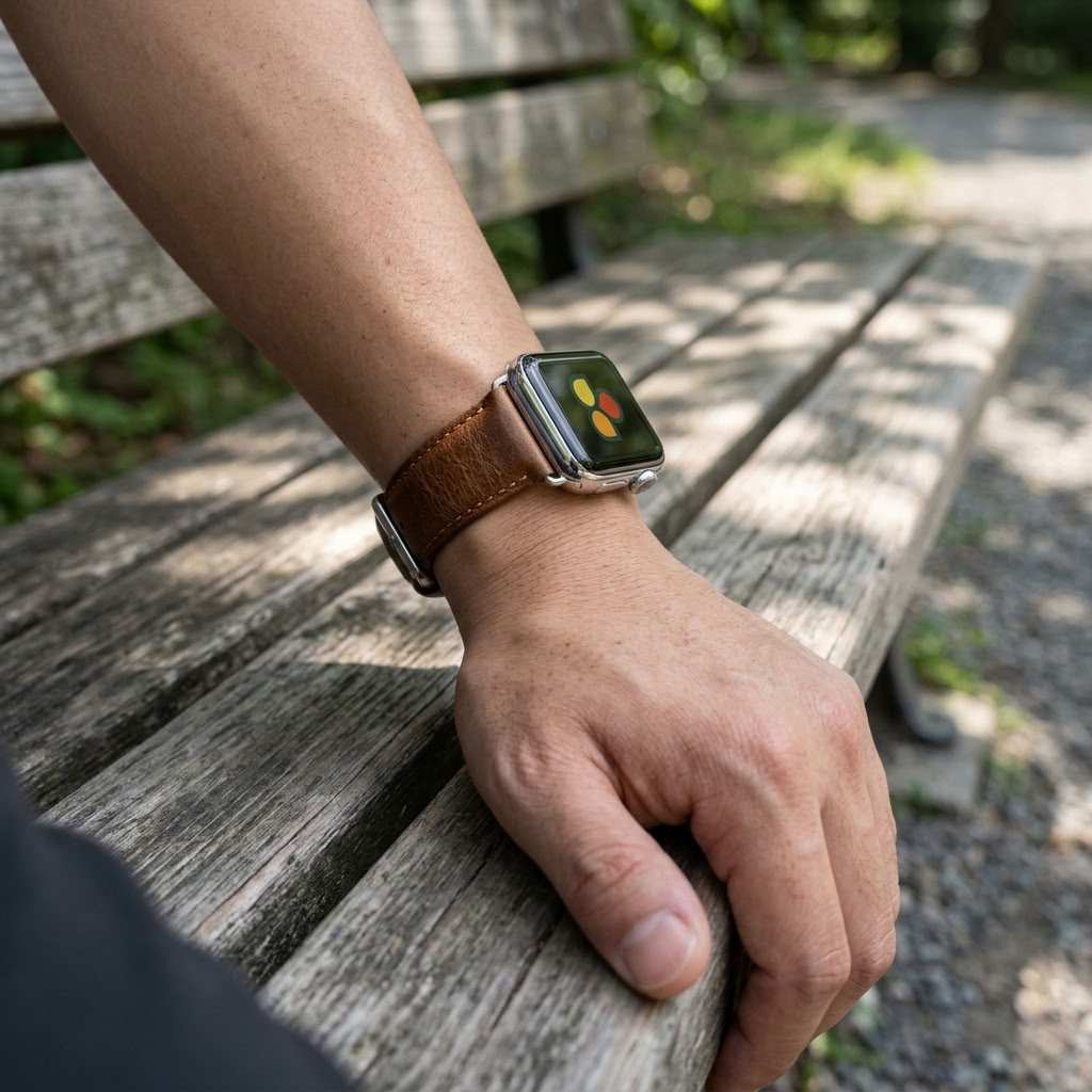A close-up of a person's hand resting on a weathered wooden park bench, wearing a brown leather apple watch band