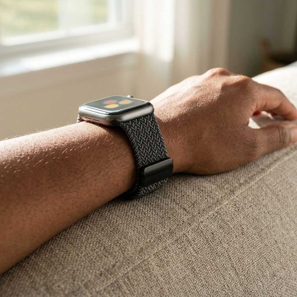 A close-up of a person's arm resting on a textured beige couch, wearing a apple watch with a dark gray woven nylonband.