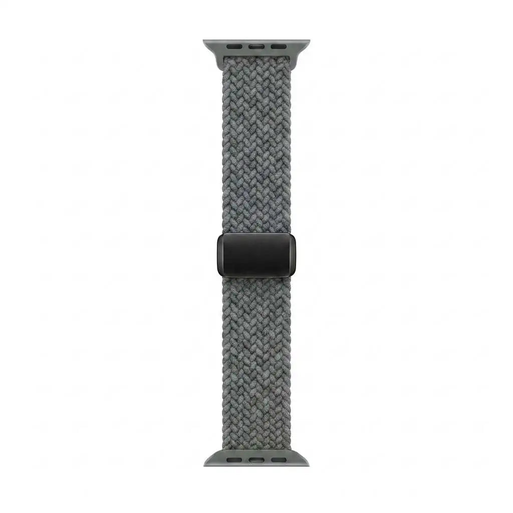 A olive woven braided apple watch band with a matte black buckle, shown vertically against a plain white background.