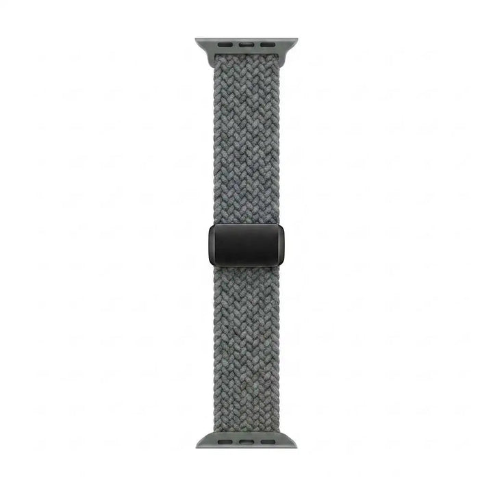 A olive woven braided apple watch band with a matte black buckle, shown vertically against a plain white background.