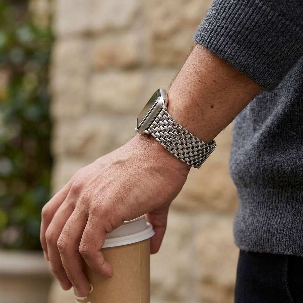 A close-up of a person's hand resting on a paper coffee cup while wearing a silver metal apple watch band with a rectangular digital display.