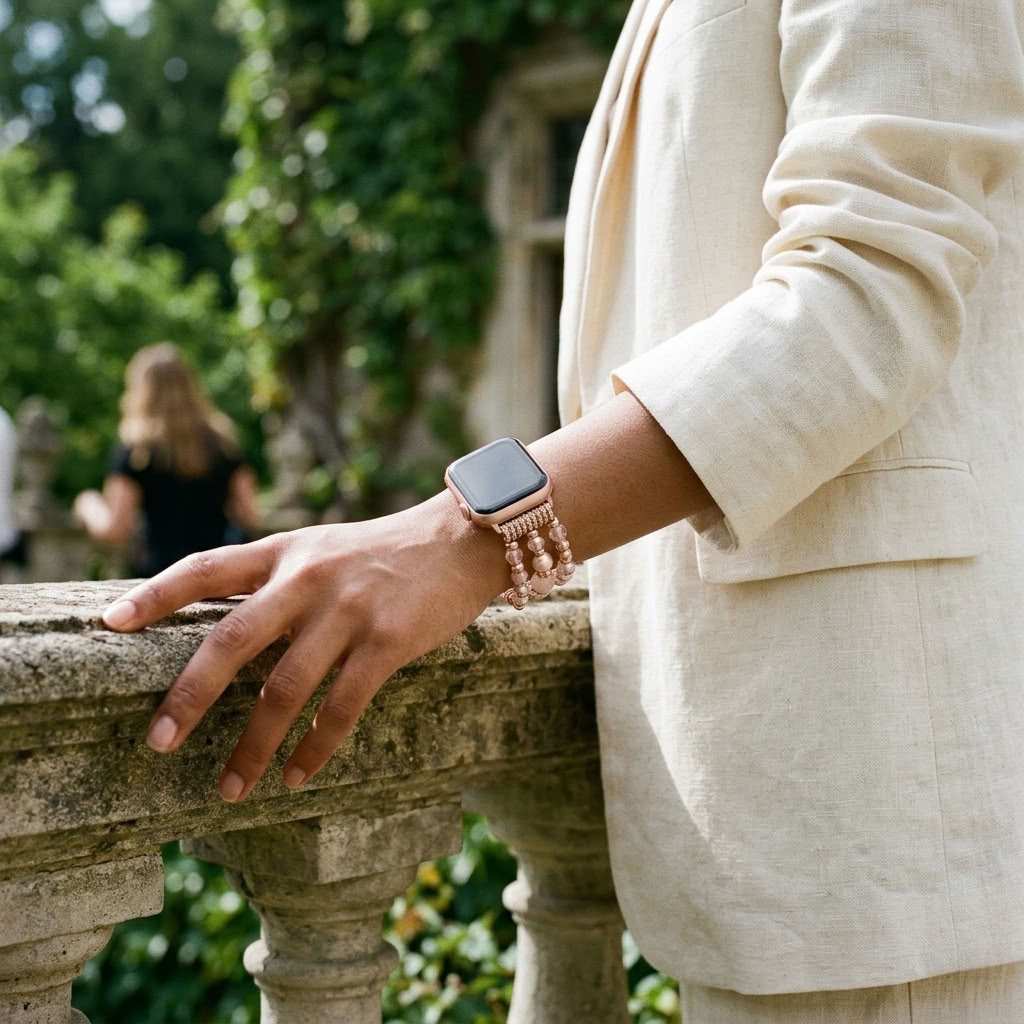 woman wearing anhem pink apple watch bracelet in a white jacket