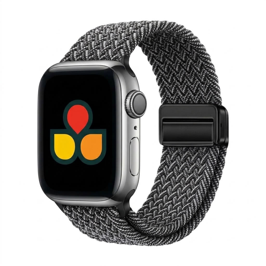A apple watch with a silver aluminum case and a textured black and gray woven loop band, shown on a plain white background. The watch screen displays a colorful app icon. salt and pepper tweed design