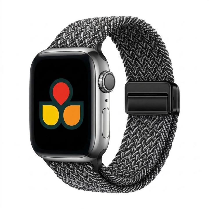 A apple watch with a silver aluminum case and a textured black and gray woven loop band, shown on a plain white background. The watch screen displays a colorful app icon. salt and pepper tweed design