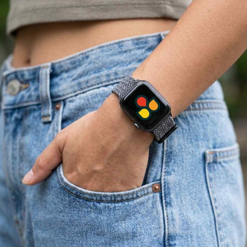 A close-up of a person wearing a apple watch with a textured dark gray fabric band and a black watch case, paired with light blue denim jeans.