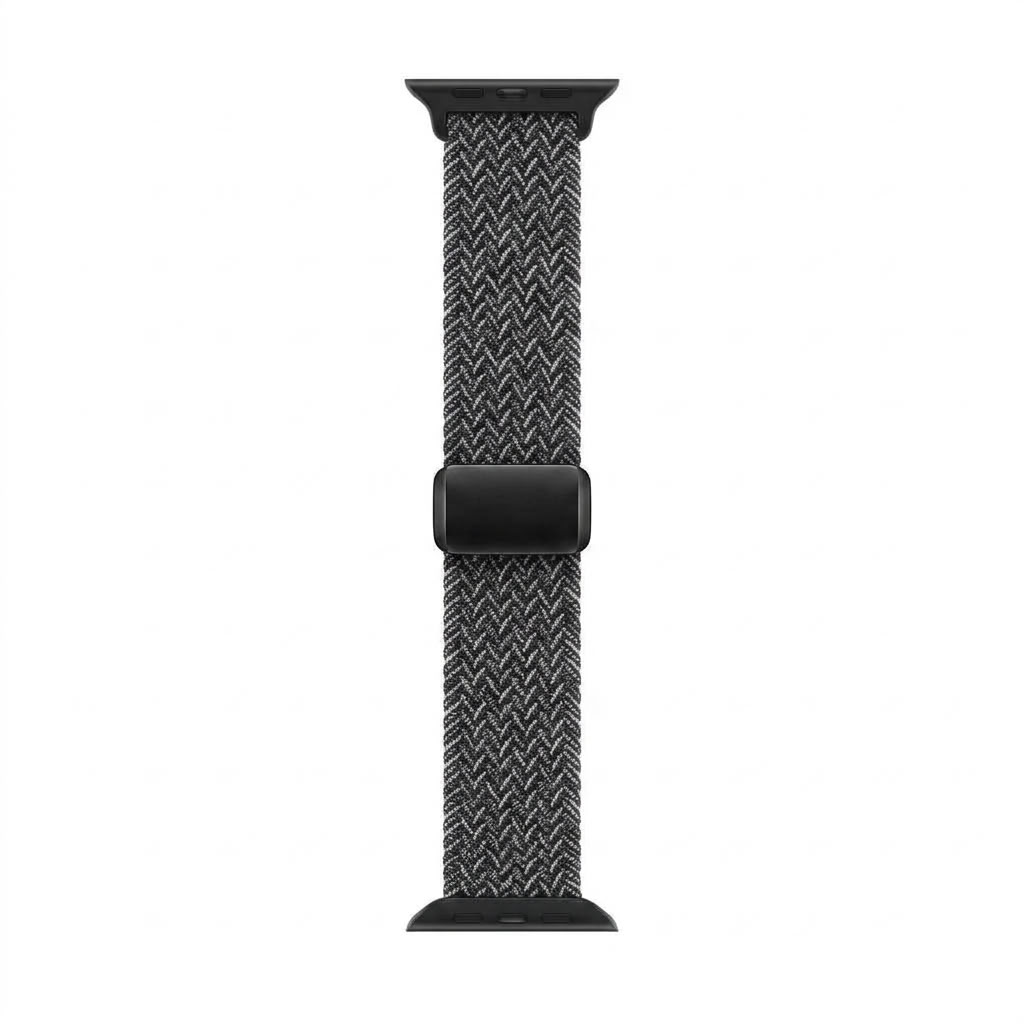 A black and gray woven chevron-patterned watch band with a matte black buckle, shown vertically on a plain white background.