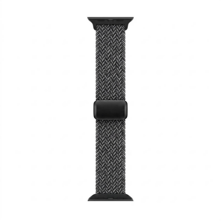A black and gray woven chevron-patterned watch band with a matte black buckle, shown vertically on a plain white background.