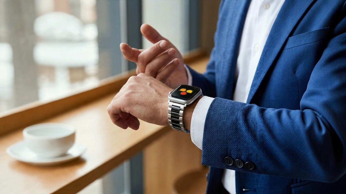 A close-up of a man in a blue suit jacket and white shirt wearing a silver metal-link apple watch band, looking at its screen in a bright indoor setting.