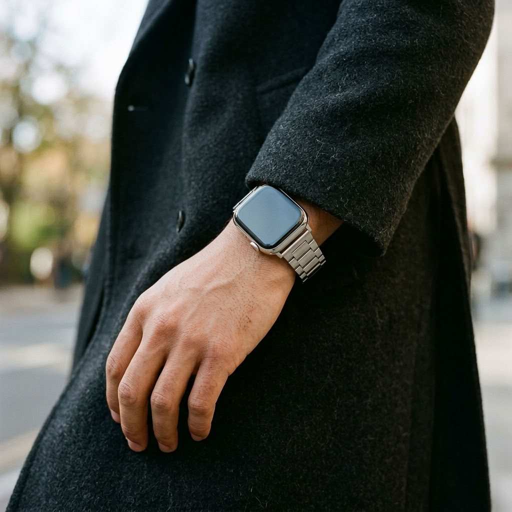 man wearing stainless steel apple watch band in silver in lifestyle image