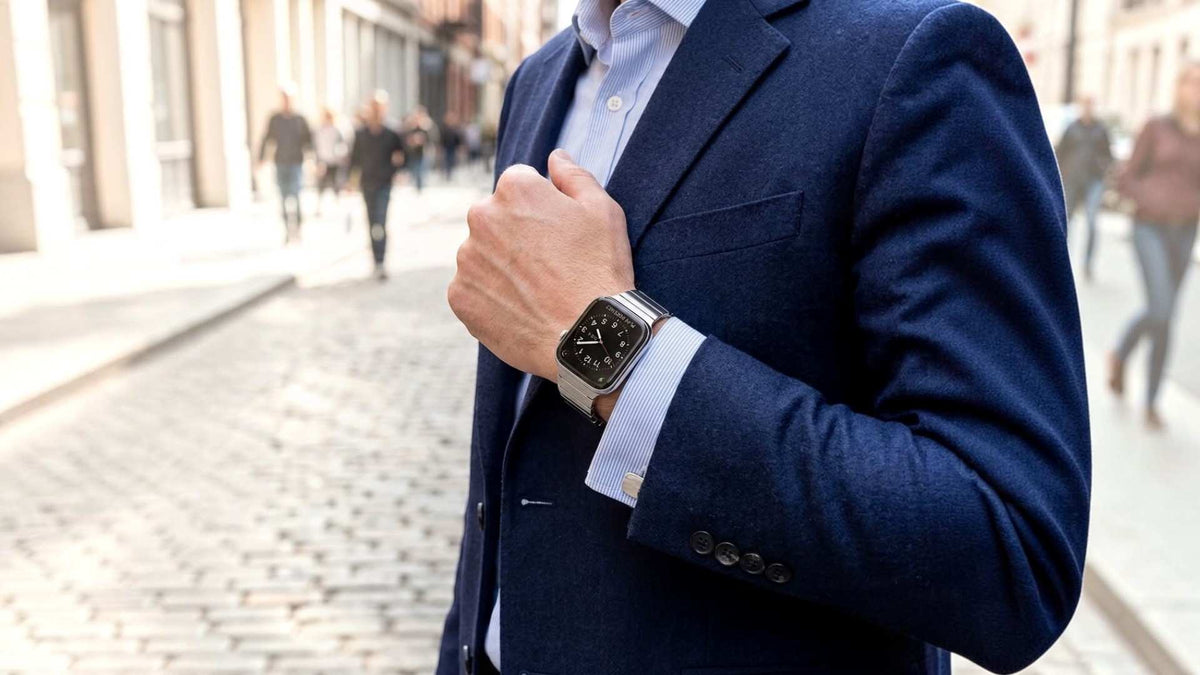 A man in a navy blue blazer and light blue dress shirt wearing a apple watch with a silver metal apple watch standing on a blurred cobblestone street.