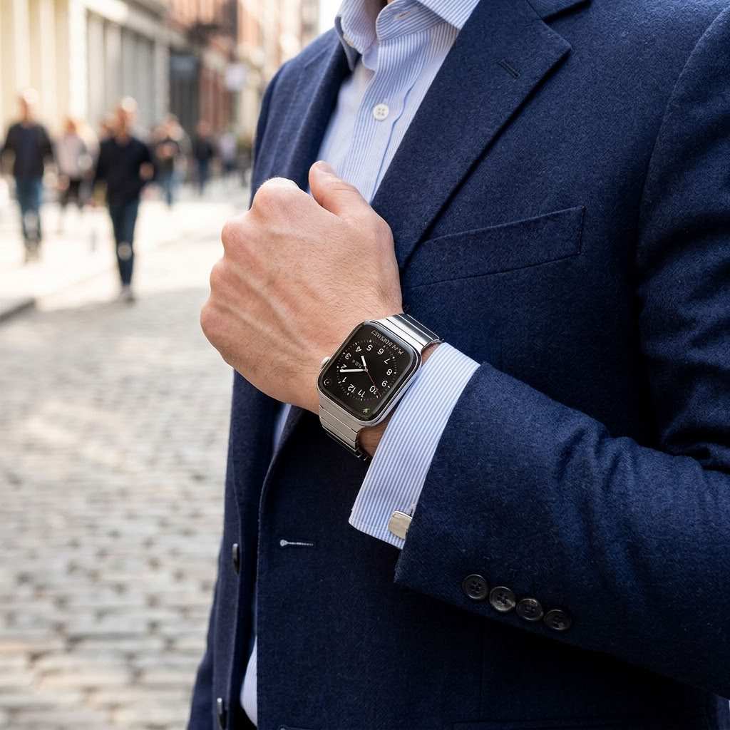 A close-up of a man wearing a navy blue blazer and light blue striped dress shirt, with a silver apple watch on his wrist and metal apple watch band The background shows a softly blurred cobblestone street with pedestrians.