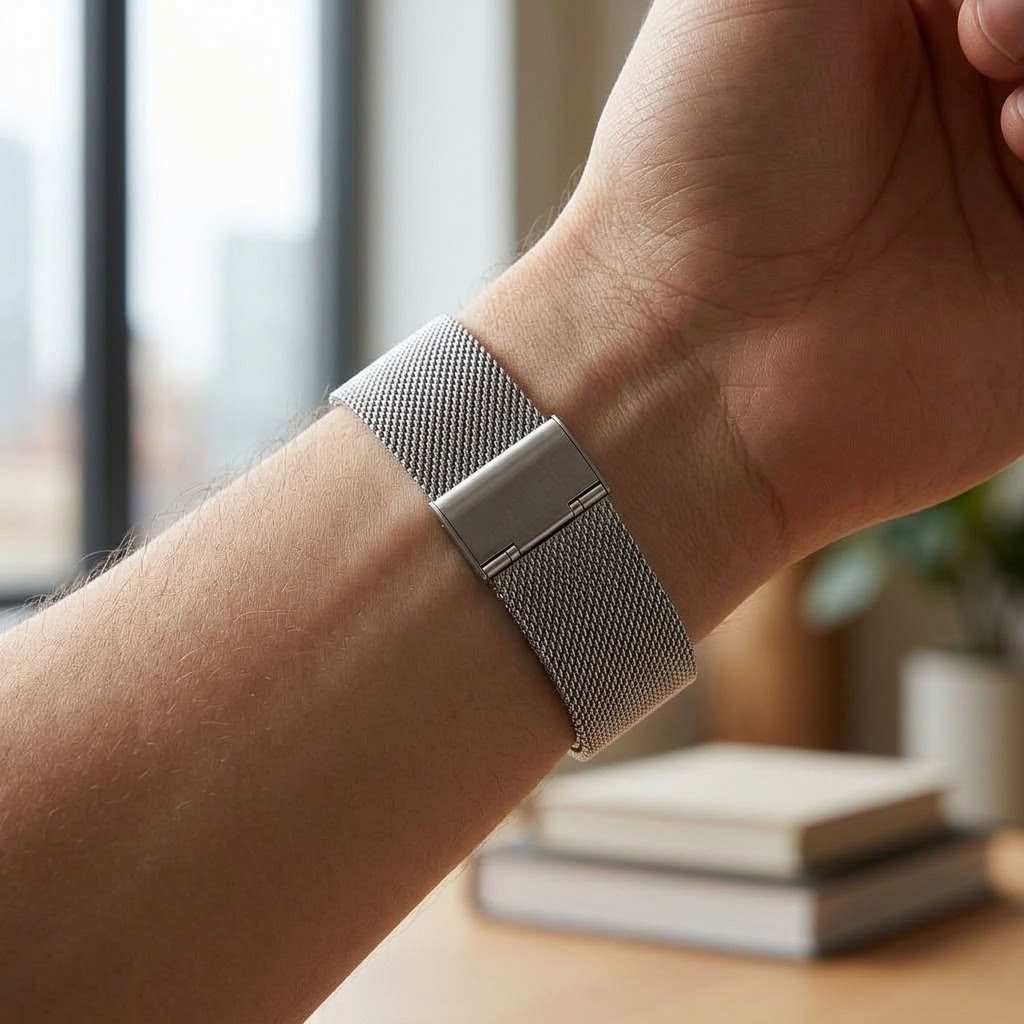 A close-up of a silver stainless steel mesh apple watch band worn on a person's wrist, with a blurred indoor background showing a window, books, and a plant.