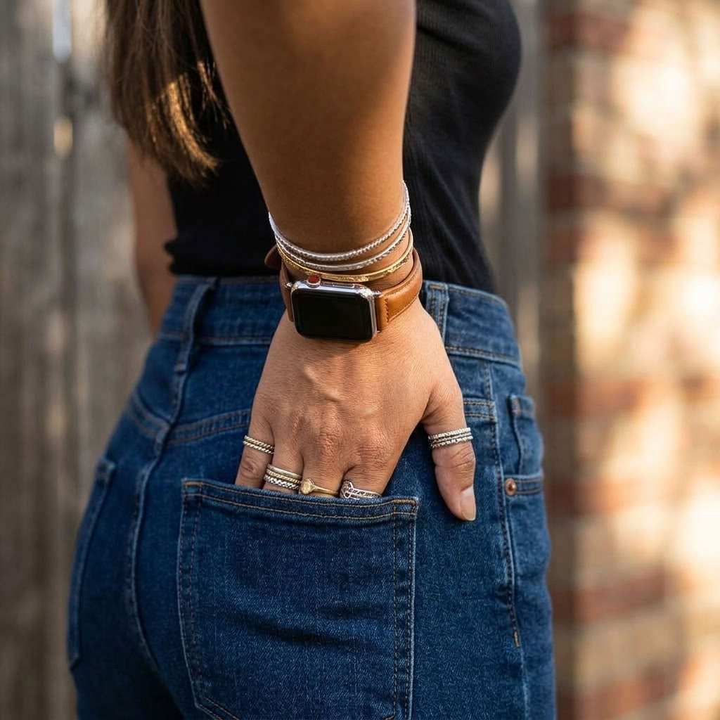A close-up lifestyle shot of a person wearing a tan leather apple watch strap with a silver watch, layered with silver bracelets and rings, paired with blue jeans.