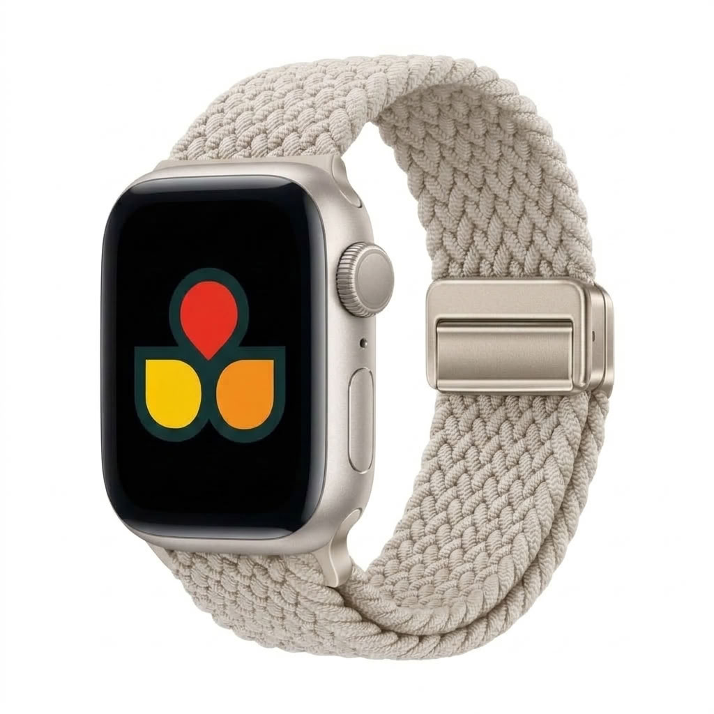 A starlight apple watch with a woven starlight band, shown on a clean white background. The watch face displays a black screen with a red, yellow, and orange app icon.