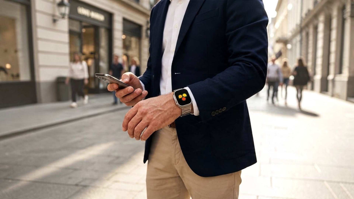 A man in a navy blazer and beige trousers wearing a apple watch with a silver metal apple watch titanium band, standing on a city street and looking at his phone.