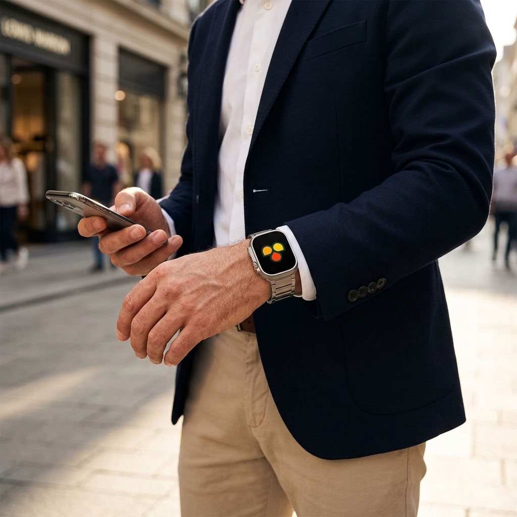 A man in a navy blazer and beige trousers wearing a apple watch with a silver metal apple watch band, standing on a city street and holding a smartphone.