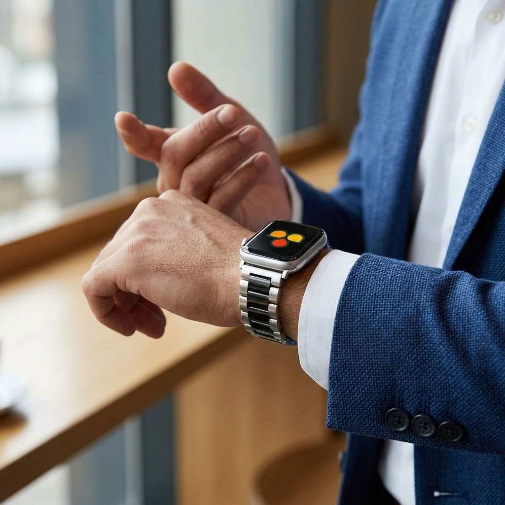 A close-up of a man in a blue blazer and white shirt looking at a silver apple watch with a metal link band on his wrist, set against a softly blurred office background.