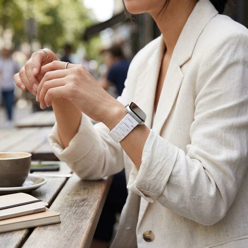 woman wearing anhem white ceramic apple watch band while sitting in a white jacket