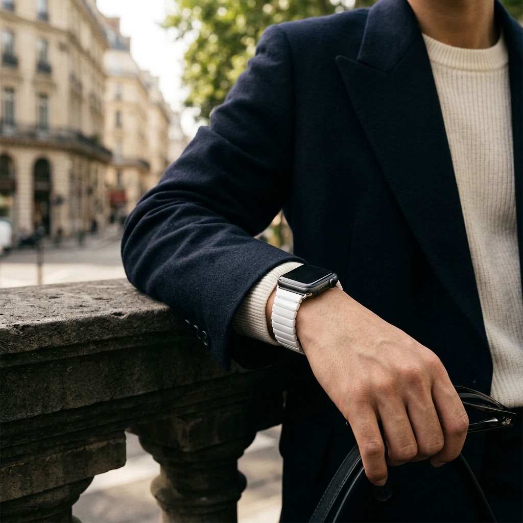 man wearing white luxe apple watch band with a suit on
