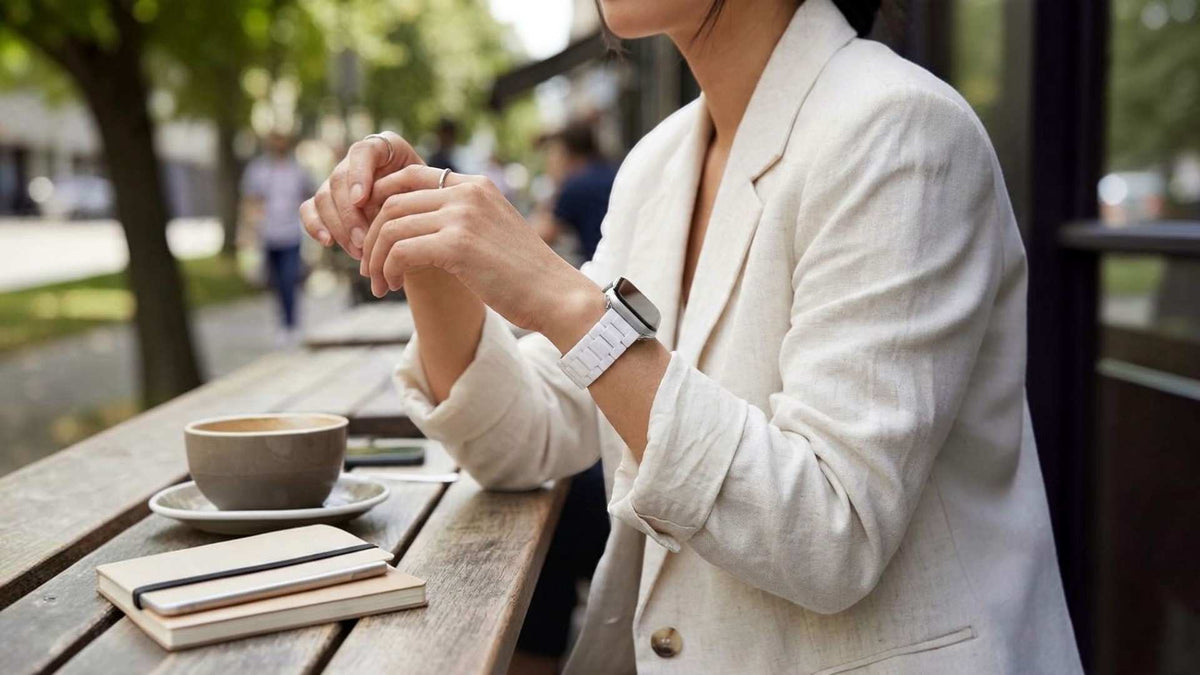 woman wearing anhem classic ceramic apple watch band in white band and white jacket