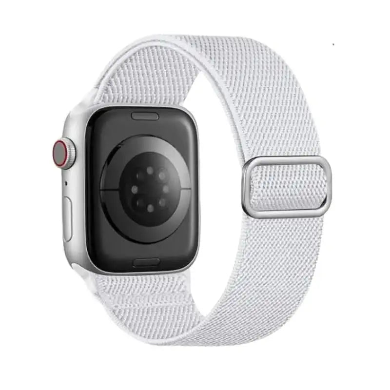 White Flex Nylon Band by Anhem for Apple Watch, combining style and function for everyday wear.  Flex Nylon Strap  anhem.myshopify.com  White / Silver Buckle / 44/45/46/499MM (Large Watch)