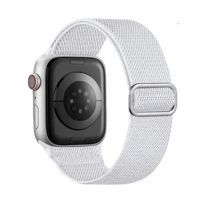 White Flex Nylon Band by Anhem for Apple Watch, combining style and function for everyday wear.  Flex Nylon Strap  anhem.myshopify.com  White / Silver Buckle / 44/45/46/499MM (Large Watch)