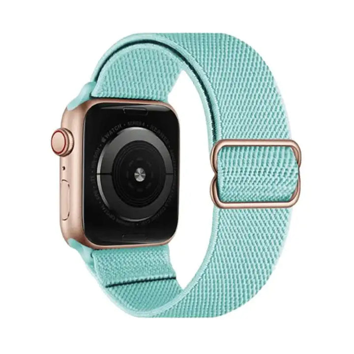 Vibrant Mint Flex Nylon Band by Anhem for Apple Watch, a stretchy and fashionable option for any outfit.  Flex Nylon Strap  anhem.myshopify.com  Mint Green / Rose Gold Buckle / 44/45/46/499MM (Large Watch)
