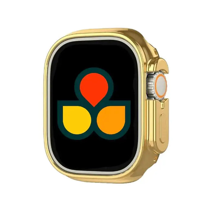 Gold Anhem Protective TPU Case Bumper Cover on a Apple Watch Ultra displaying a unique look, epitomizing this Apple Watch Case.  Flex Bumper Case Cover  anhem.myshopify.com