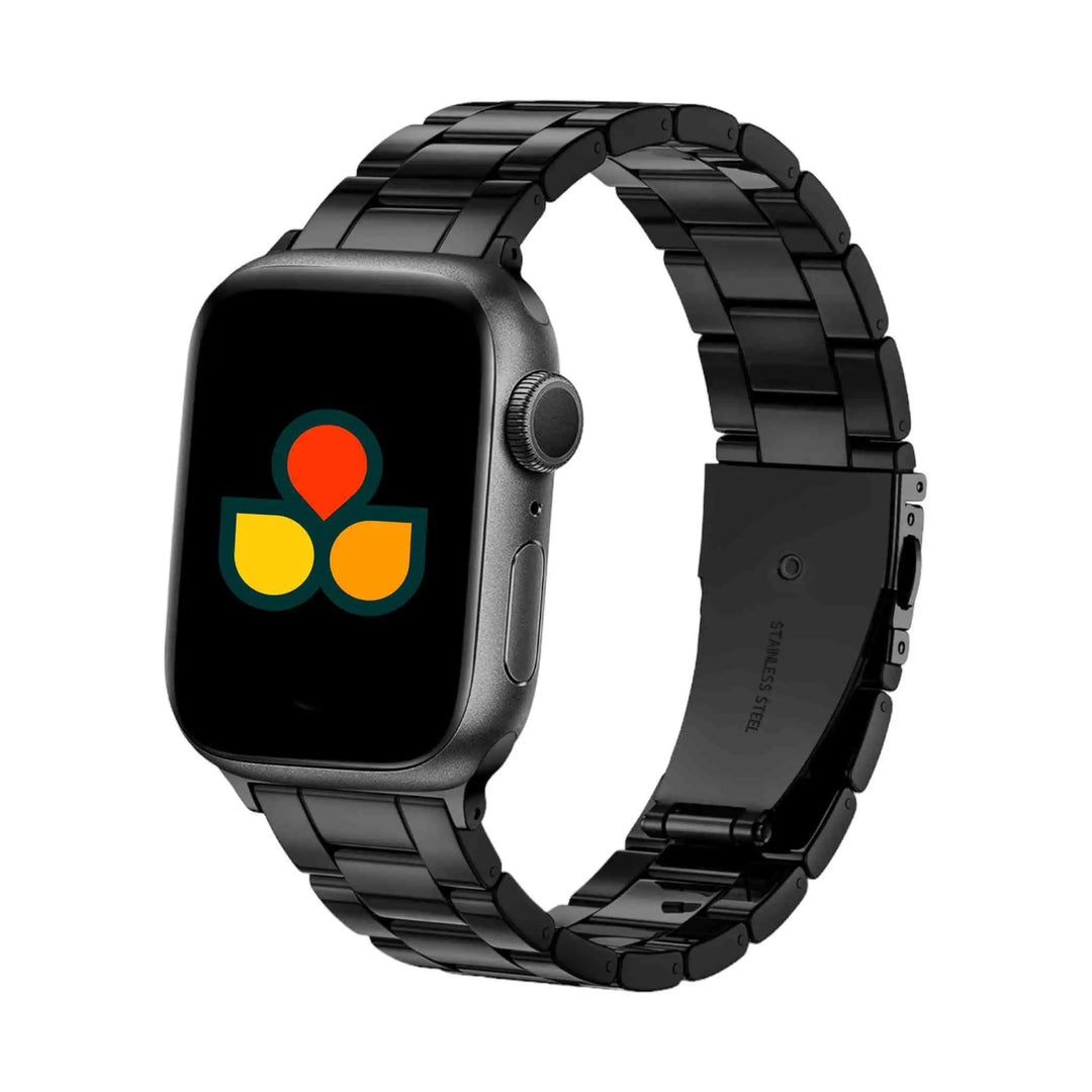 Classic Ceramic Band by Anhem shown on an Apple Watch, featuring a sleek black ceramic design. Ideal for stylish users seeking comfort. Shop for Ceramic Apple Watch Bands.  Classic Ceramic Strap  anhem.myshopify.com  Black / 44/45/46/49MM (Large Watch)