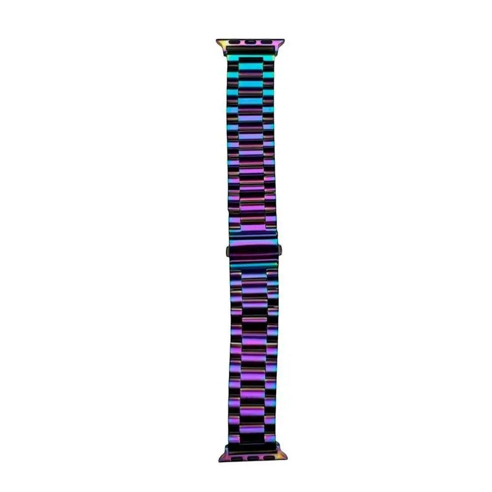 Close-up view of the rainbow Anhem Classic Steel Band, highlighting its unique color spectrum, perfect for those seeking standout metal watch bands for Apple Watch.  Classic Steel Strap  anhem.myshopify.com  Iridescent / 38/40/41/42MM