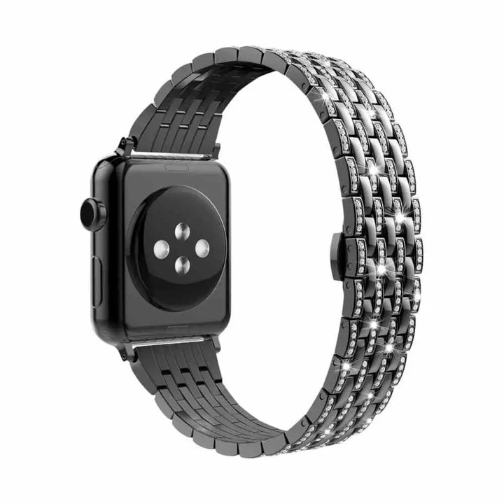 Sleek black version of the Anhem Crystal Steel Band on an Apple Watch, featuring sparkling rhinestones, ideal for adding glam to your wearable tech as a Bling Apple Watch band.  Crystal Steel Strap  anhem.myshopify.com  Black / 44/45/46/49MM (Large Watch)