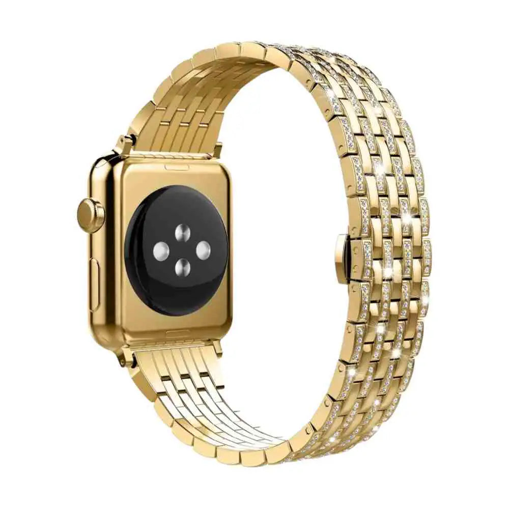 Elegant gold Anhem Crystal Steel Band adorning an Apple Watch, designed to impress with its sparkling rhinestones, making it a must-have Bling Apple Watch band.  Best Apple Watch Gold Straps anhem.myshopify.com  Crystal Steel Strap  anhem.myshopify.com  Gold / 44/45/46/49MM (Large Watch)