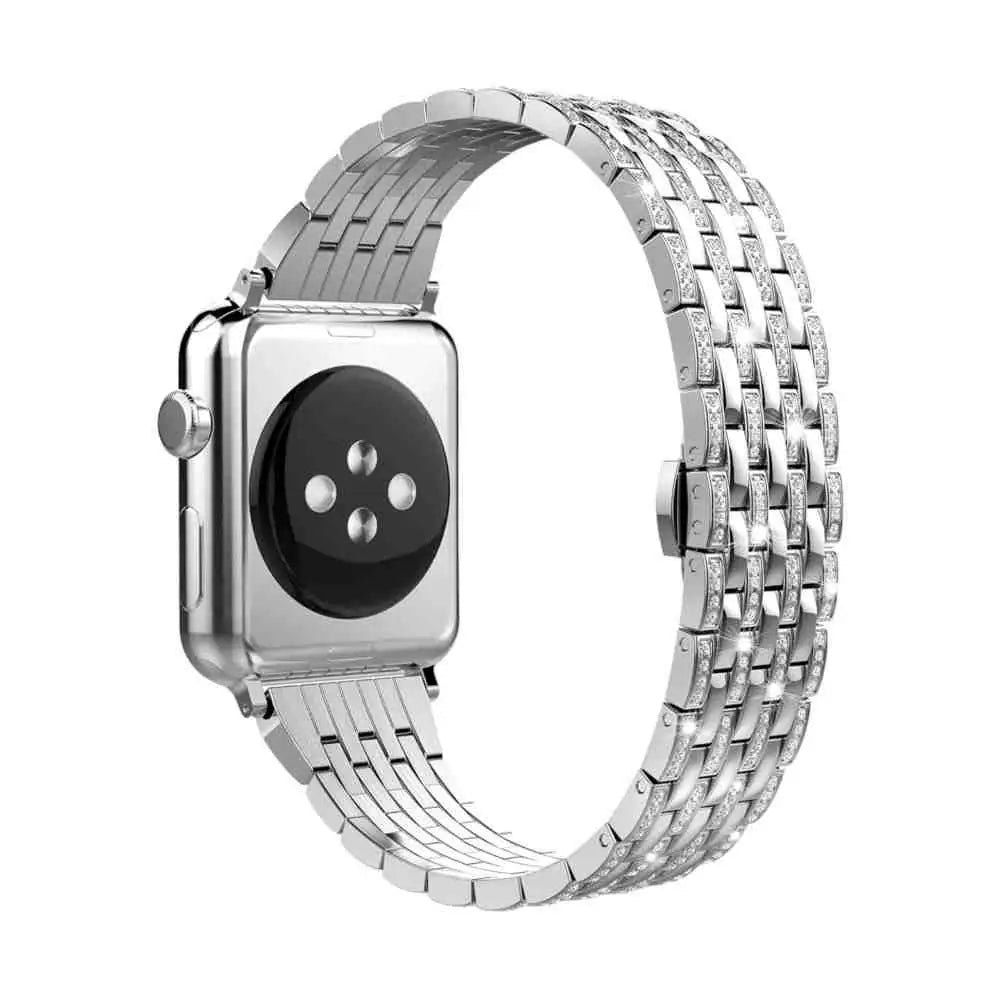 Anhem Crystal Steel Band displayed on an silver Apple Watch, showcasing a stunning and luxurious bling design, perfect for fashion lovers seeking a unique Bling Apple Watch band.  Crystal Steel Strap  anhem.myshopify.com  Silver / 44/45/46/49MM (Large Watch)