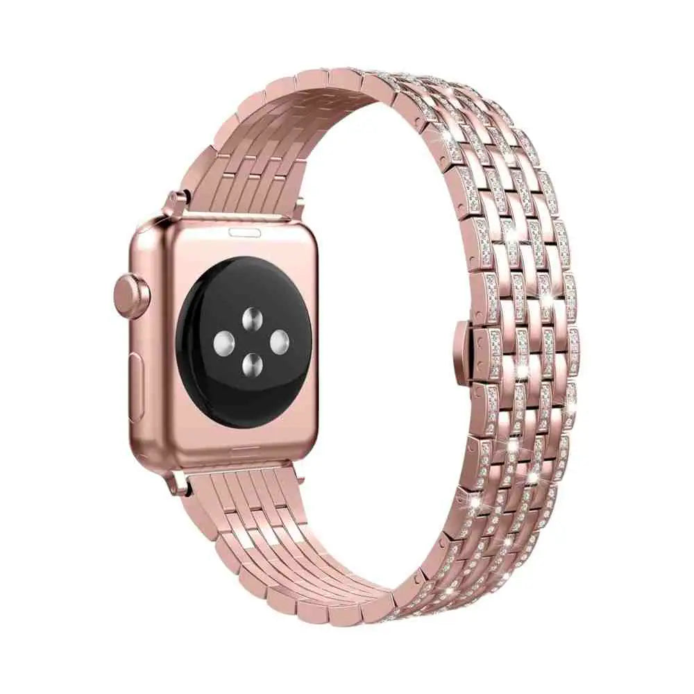 Beautiful rose gold Anhem Crystal Steel Band on an Apple Watch, combining style and sophistication, the ultimate choice for a standout Bling Apple Watch band.  Crystal Steel Strap  anhem.myshopify.com  Rose Gold / 44/45/46/49MM (Large Watch)