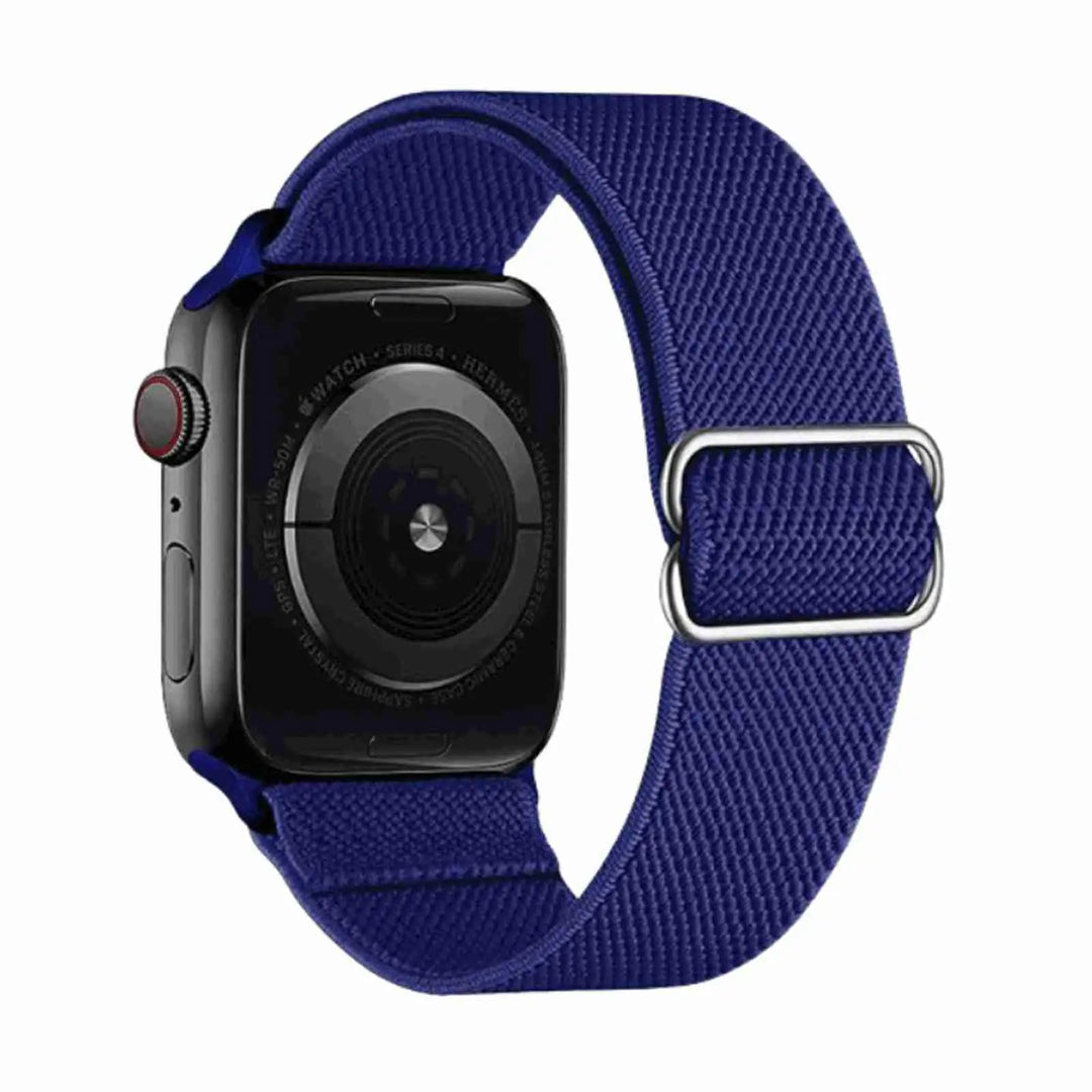 Blue Flex Nylon Band by Anhem for Apple Watch, bringing a refreshing pop of color to your smartwatch.  Flex Nylon Strap  anhem.myshopify.com  Blue / Silver Buckle / 44/45/46/499MM (Large Watch)
