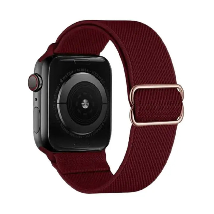 Burgundy Flex Nylon Band by Anhem for Apple Watch, a stylish choice for casual and formal wear.  Flex Nylon Strap  anhem.myshopify.com  Burgundy / Rose Gold Buckle / 44/45/46/499MM (Large Watch)