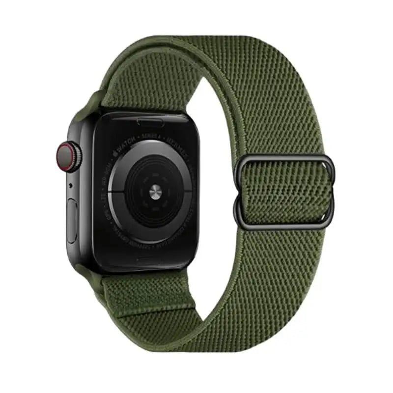 Forest green Flex Nylon Band by Anhem for Apple Watch, ideal for outdoor activities with its stretchy design.  Flex Nylon Strap  anhem.myshopify.com  Forest Green / Black Buckle / 44/45/46/499MM (Large Watch)