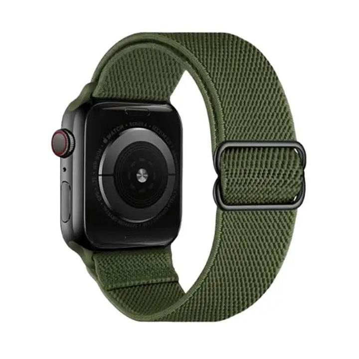 Forest green Flex Nylon Band by Anhem for Apple Watch, ideal for outdoor activities with its stretchy design.  Flex Nylon Strap  anhem.myshopify.com  Forest Green / Black Buckle / 44/45/46/499MM (Large Watch)