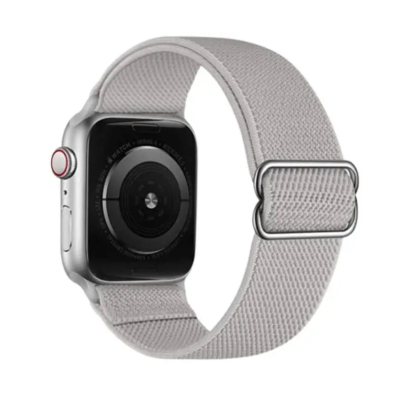 Gray Flex Nylon Band by Anhem designed for Apple Watch, offering a stretchy and flexible fit for enhanced comfort.  Flex Nylon Strap  anhem.myshopify.com  Gray / Silver Buckle / 44/45/46/499MM (Large Watch)